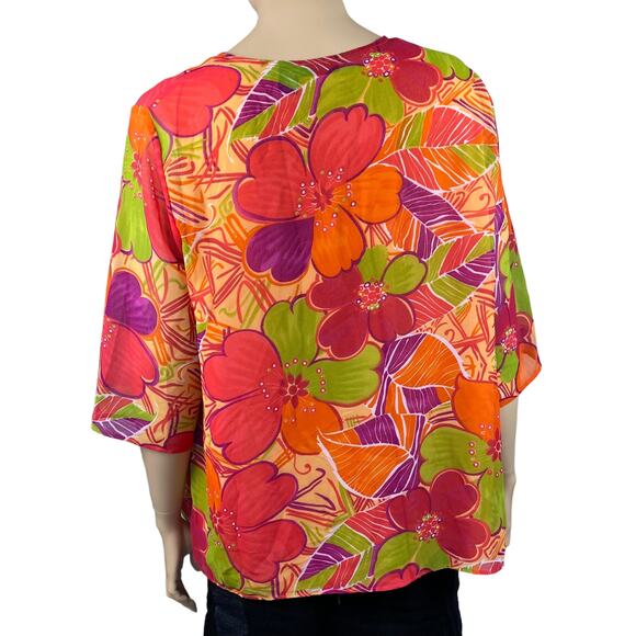 Maggie Barnes Women's Multicolored Floral 2Fer 3/4 Sleeves Tunic Blouse 2X 22/24 - Picture 4 of 6